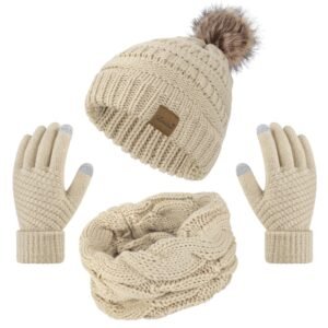 Sapil 3 Pcs Women Winter Hat and Gloves Sets, Beige